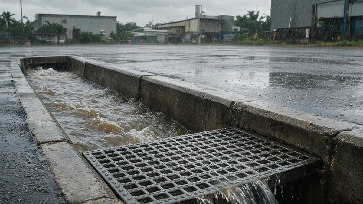 Canaleta de drenagem com grelha metálica em pátio industrial durante chuva forte