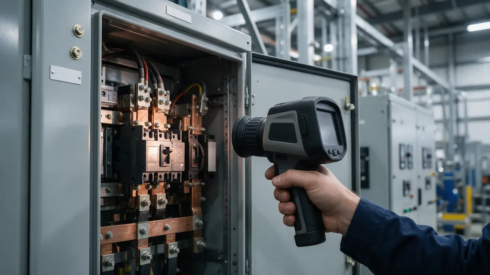 Técnico utilizando câmera termográfica para inspecionar painel elétrico industrial em operação