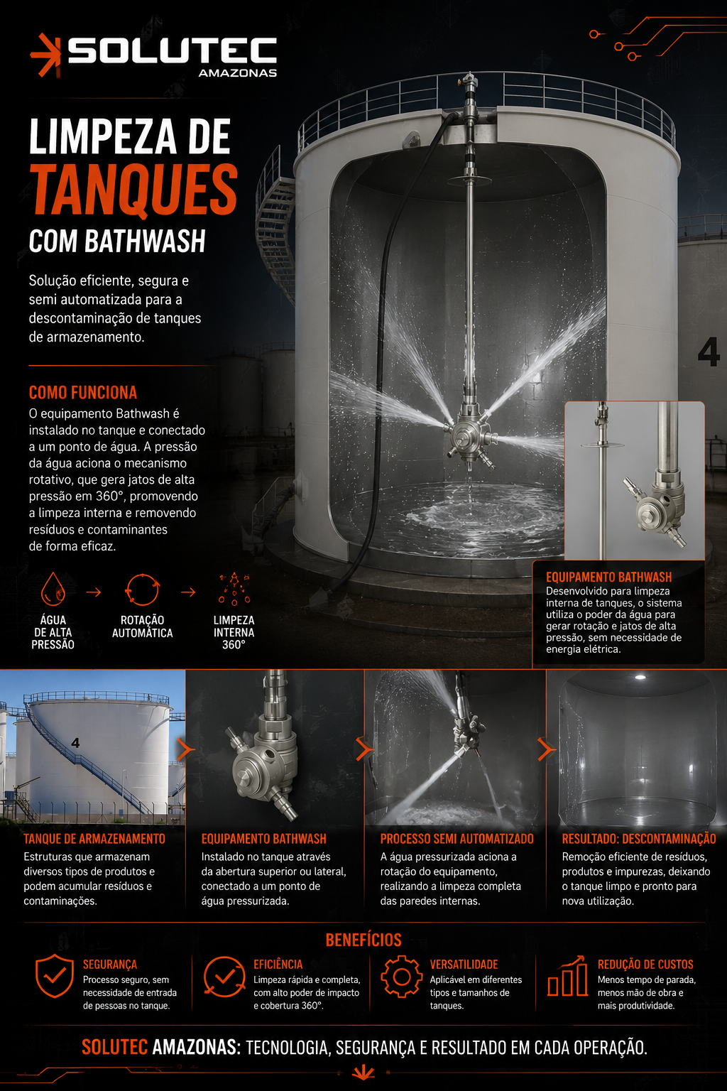 Infográfico: etapas da limpeza automatizada de tanques com tecnologia Bathwash - Solutec AM